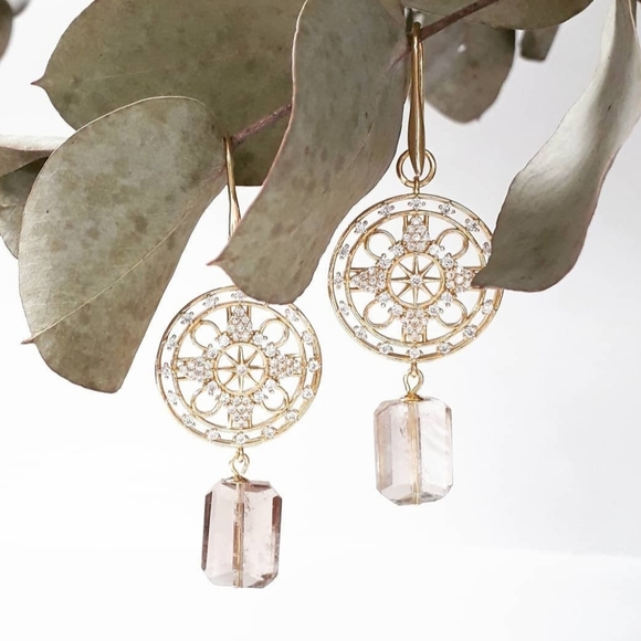 Gold plated mandala earrings with smoky quartz natural stone drop. - Picture 1 of 1